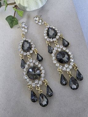 Gold with Smokey Black and Clear Rhinestone Long Statement Earrings